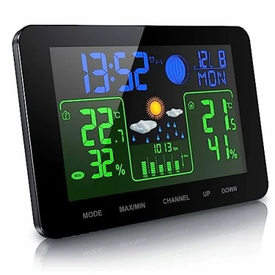 Abbildung von CSL Computer Funk Wetterstation mit Farbdisplay und Außensensor Innen Außentemperatur Barometer Luftdruckhöhenausgleich Frostalarm 2 Weckalarme LCD Display inkl. Netzteil