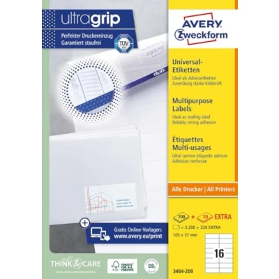 Abbildung von AVERY Zweckform 3484 200 Adressaufkleber (3.200 plus 320 Klebeetiketten extra, 105x37mm auf A4, bedruckbare Absenderetiketten, selbstklebende Adressetiketten mit ultragrip) 220 Blatt, weiß