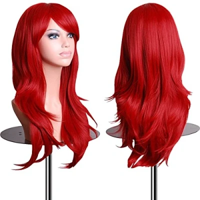 Abbildung von EmaxDesign 70cm qualitativ hochwertige Cosplay Perücke Für Frauen. Lang Voll, Lockig Wllig Heiz resistent. Fashion Glamourös Haarteil mit kostenlosen Kappe &amp; Kamm (Farbig: Rot)