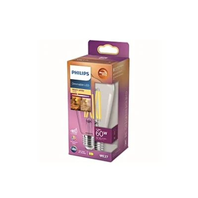 Abbildung von Philips LED Classic E27 WarmGlow Lampe, 60 W, Tropfenform, dimmbar, klar, warmweiß