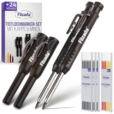 Abbildung von Filzada® 2x Tieflochmarker mit 24 Extraminen in 3 Farben Zimmermannsbleistifte Köcher/Kappe Bohrlochmarker Bleistift Baustelle Markierstift Markierstifte