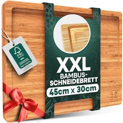 Abbildung von Loco Bird Schneidebrett Holz 45x30x2cm Großes Holzbrett aus Bambus für die Küche, messerschonender Schneidbrett, Holzschneidebrett mit Saftrille, Cutting Board, Groß, Küchenbrett