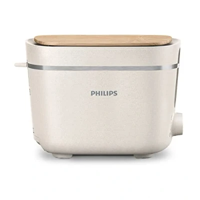 Abbildung von Philips Toaster Eco Conscious Edition 2 Toastschlitze, 8 Stufen, Brötchenaufsatz, Auftaufunktion, hergestellt aus Altspeiseöl, seidenweiß matt (HD2640/10)