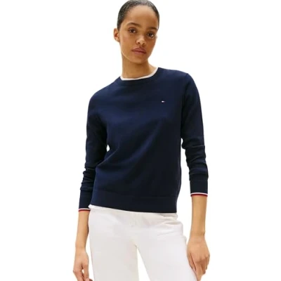 Abbildung von Tommy Hilfiger Damen Pullover Jersey Fine mit Rundhalsausschnitt, Blau (Dark Night Navy Gs), XXS