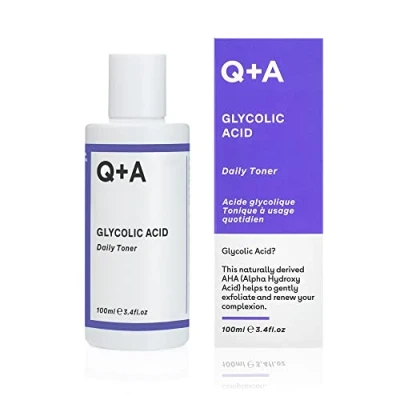 Abbildung von Q+A Glykolsäure Toner, eine Kombination aus besonders feuchtigkeitsspendenden und strahlenden Inhaltsstoffen für seidig Glatte Haut, 100ml