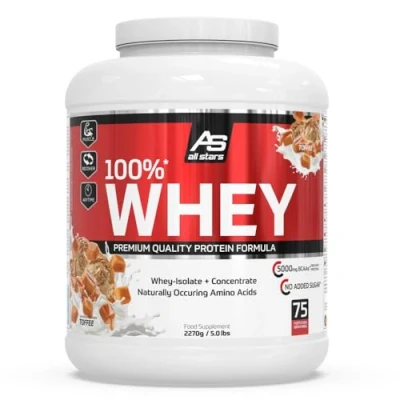 Abbildung von All Stars 100% Whey Protein 2270g I Eiweiß Pulver mit Konzentrat &amp; Isolat leckeres Low Fat Powder hochwertiges cremiger Shake Toffee Flavour