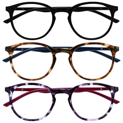 Abbildung von OPULIZE Met Lesebrille Blaulichtfilter 3er Pack Schlank Runder Rahmen Federscharniere Verbessert Schlaf Computer Gaming Entspiegelt Schwarz Braun Lila Herren Damen BBB60 125 +2.00