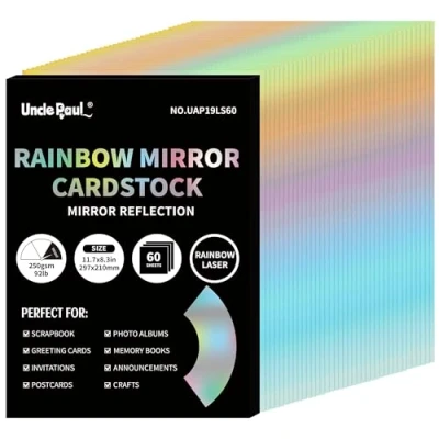 Abbildung von A4 Regenbogen Spiegelkartonpapier, 60 Blatt 250 g/m²/92 lb Metallic Papier zum Basteln, Laserkarton für die Dekoration von Geburtstagspartys UAP19LS60