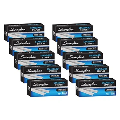 Abbildung von Swingline Heftklammern, 10 Stück, Standard Heftklammern für Desktop Heftgeräte, 6,35 mm Länge, 210 Stück/Streifen, 5000 Stück/Box (35111)