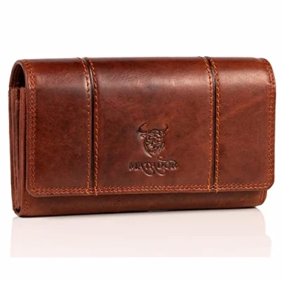 Abbildung von MATADOR [BRÜGGE XL Karten Portemonnaie Geldbeutel Damen Leder Groß mit Geschenk Box Portmonee Geldbörse Gross RFID Blocker Geldtasche Brieftasche Damenportemonnaie Vintage Braun