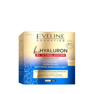 Abbildung von Eveline Cosmetics Biohyaluron 3xRetinol System Anti Aging Creme mit Hyaluronsäure &amp; Dreifach Retinol Tiefe Hydration Straffung für strahlende Haut, Vegan, Hypoallergen 50ml