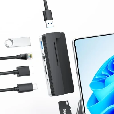 Abbildung von BYEASY Surface Pro 9 Docking Station, USB C Hub 6IN2, 4K@60Hz HDMI, 100W PD, 1000 Mbps Ethernet, 2xUSB 3.0, SD Kartenleser, Aluminium Biegewinkeles Multiport Nur für Microsoft 9.