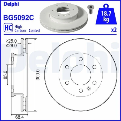 Abbildung von DELPHI BG5092C Bremsscheibe 300 28 6 Belüftet beschichtet hochgekohlt ohne Radlager, ABS Sensorring MERCEDES BENZ: Sprinter 3.5 t Van