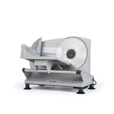 Abbildung von Petra PT4636VDE Elektrischer Allesschneider Küchenschneidemaschine, Brot, Käse, Fleisch, Wurstschneidemaschine, 1 15mm Schnittdicke, 3 x 170mm Edelstahl glatte/gezackte Klingen, rutschfeste Saugfüße