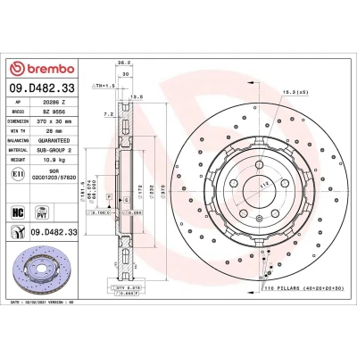 Abbildung von BREMBO 09.D482.33 Bremsscheibe 370 30 5 gelocht/innenbel., Verbundbremsscheibe beschichtet hochgekohlt AUDI: A6 C8 Avant, A7 Sportback, Q8