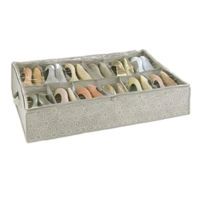 Abbildung von WENKO Unterbettkommode Mod. Balance für Schuhe 12 Fächer mit Sichtfenster und 3 Seiten Reißverschluss atmungsaktiv platzsparend Taupe 74 x 15 60 cm