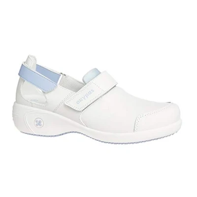 Abbildung von Oxypas Arbetsschuhe aus Leder SALMA Sicherheitsclog für Damen, rutschfeste und Bequeme Schuhe ideal Krankenhaus Pflege, Weiss Blau, 37 EU