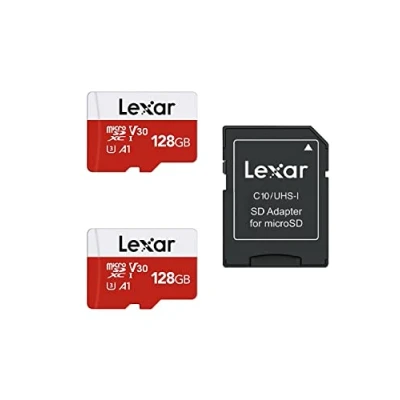 Abbildung von Lexar Micro SD Karte 128GB 2er Pack, Speicherkarte mit Adapter, Bis zu 100 MB/s Lesegeschwindigkeit, UHS I, U3, A1, V30, C10, 4K UHD microsdxc für Kamera, Smartphone