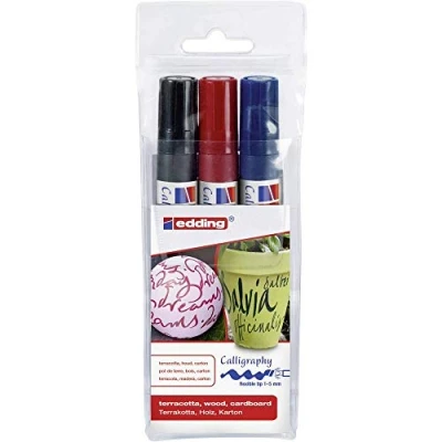 Abbildung von edding 4 1455 3 Fasermaler Calligraphy Marker, 3er Set, 1 5 mm, schwarz/stahlblau/karmesin