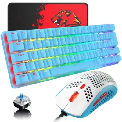 Abbildung von UK Layout Mechanische Spieletastatur RGB 14 Hintergrundbeleuchtungseffekte Mini 62 Tasten Kabel Typ C + Leichtes 6400DPI Wabenmaus Mauspad Kompatibel mit PS4, Xbox, PC, Laptop, MAC