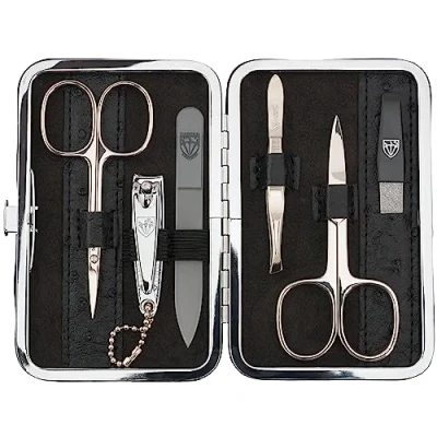 Abbildung von DREI SCHWERTER Germany 6 tlg. Maniküreset &#039;Genova&#039; Set Nageletui aus Kunstleder schwarz Straussimitat Inhalt: Nagelschere, Hautschere, Nagelknipser, Glasnagelfeile, Pinzette, Saphirnagelfeile