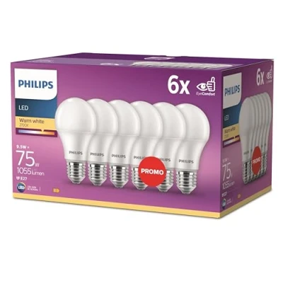 Abbildung von Philips LED Classic E27 Lampen 6 er Pack (75 W), matte mit warmweißem Licht, energiesparende langer Nutzlebensdauer, neue Generation