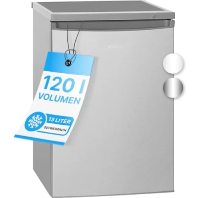 Abbildung von Bomann® Kühlschrank mit Gefrierfach klein 120L Nutzinhalt Kühlen 107L &amp; Gefrieren 13L Fridge 3 Türablagen 2 Glasablagen wechselbarer Türanschlag KS 2184.1 inox