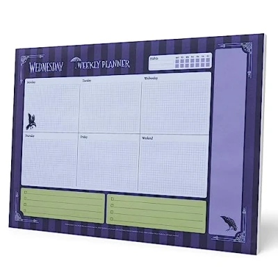 Abbildung von Grupo Erik Wochenplaner Block A4 Kalender Planer Wednesday Addams Tischplaner Tischkalender ohne Datum Schreibtischunterlage Papier Offizieller Fanartikel