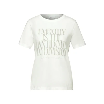 Abbildung von Street One Studio Damen Frauen Freizeitaktivitäten Off White Kurzarm Shirt mit Rundhals Ausschnitt und Buchstabenmuster, Größe 40