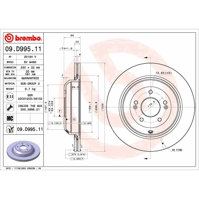 Abbildung von BREMBO 09.D995.11 Bremsscheibe 330 22 5 innenbelüftet beschichtet hochgekohlt mit Schrauben