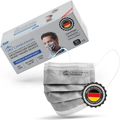 Abbildung von Charlemain 50x OP Masken, Made in Germany, EN 14683 Typ IIR, Medizinischer Mund Nasen Schutz, BFE &gt;99,9% 3 lagig, Latexfrei, MNS, Einweg Gesichtsmasken Grau