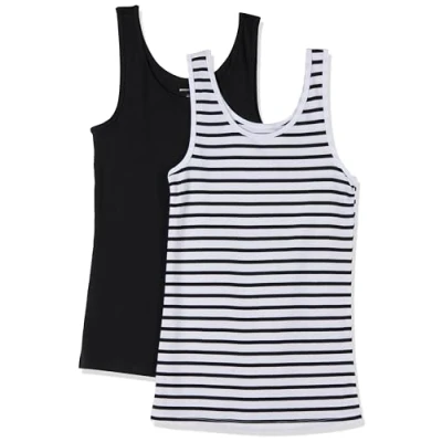 Abbildung von Amazon Essentials Damen Tanktop schlanke Passform, 2er Pack, Schwarz/Weiß Streifen, L
