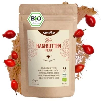 Abbildung von Hagebuttenpulver Bio 1000g ganze Hagebutte gemahlen fruchtiges, süß würziges Aroma 100% Hagebutten Pulver in Rohkostqualität vom Achterhof