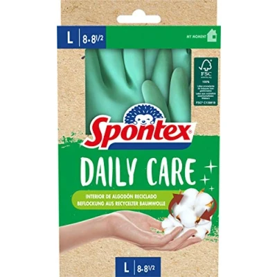 Abbildung von Spontex Daily Care Haushaltshandschuhe aus 100% FSC zertifiziertem Latex, mit Innenfutter recycelter Baumwolle, für alle Putz und Pflegearbeiten, 1 Paar, Größe L (8 8,5), Mint