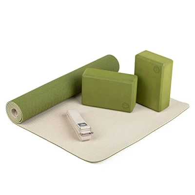 Abbildung von Bodhi Yoga Starter Set Komplett bestehend aus: 1 Yogamatte aus TPE, 2 Bricks Eva (Moosgummi) und Gurt Baumwolle Einsteiger für Anfänger (olivgrün/Sand)
