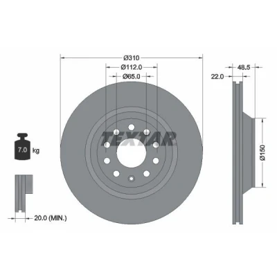 Abbildung von TEXTAR 92140700 Bremsscheibe 310 22 05/10 112 außenbelüftet ohne Radbefestigungsbolzen, Radnabe VOLKSWAGEN: Golf 7, 6, 7 Variant