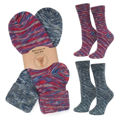 Abbildung von MOUNTREX Alpaka Socken, Wollsocken für Damen, Herren Wintersocken, Kuschelsocken 2 Paar, Lila/Blau (mit Umschlag Dünn), 35 38
