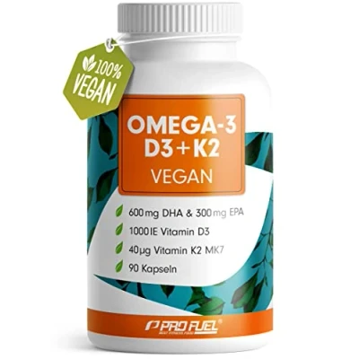 Abbildung von Omega 3 vegan + D3 &amp; K2 (90x), 1100mg Algenöl mit 600mg DHA 300mg EPA 1000 IE Vitamin 40 µg O3 Essentials Kapseln hochdosiert, bioverfügbar laborgeprüft