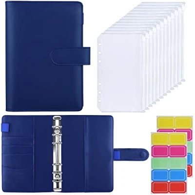 Abbildung von HAUTOCO Budget Planner Deutsch, A6 Binder, Budgetplaner, Ringbuch mit 12 Binder Taschen, Finanzplaner Etiketten, Sparbuch für Geld Organizer, Marineblau
