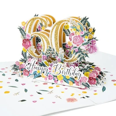 Abbildung von LIMAH® Pop Up 3D Grußkarte/Hochwertige PopUp Geburtstagskarte zum 60. Geburtstag/Happy Birthday Motiv/in weiß Gold/Groß mit Glitzer
