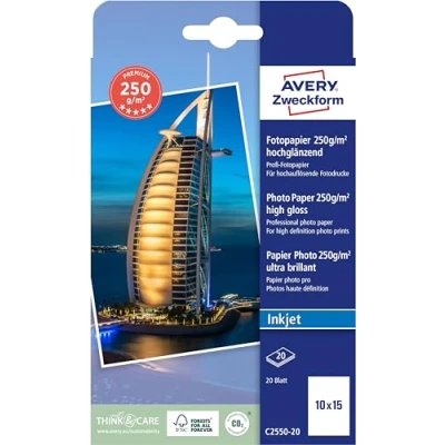Abbildung von Avery Zweckform Art. C2550 20 Premium Inkjet Fotopapier (20 Blatt, 250 g/m², 10x15cm, hochglänzende Fotokarten, einseitig beschichtet, sofort trocken &amp; wischfest, Fotoblätter für Drucker) weiß