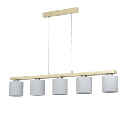Abbildung von EGLO Pendelleuchte Castralvo, 5 flammige Hängelampe, Hängeleuchte aus Stahl in Nickel Matt, Holz Braun und Textil Weiß, Esstischlampe FSC zertifiziert, E27 Fassung