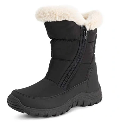 Abbildung von Polar Damen Gedächtnisschaum Zwilling Reißverschluss Öffnen Ziehen Sie An Nylon Wasserdicht Kunstfell Gefüttert Winter Regen Schnee Stiefels Schwarz/Beige UK6/EU39 YC0662