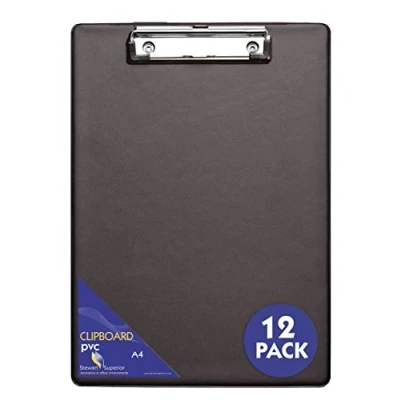 Abbildung von SECO Stewart Superior A4+ PVC beschichtetes Klemmbrett mit Hochleistungsklammer Schwarz (12er Pack)