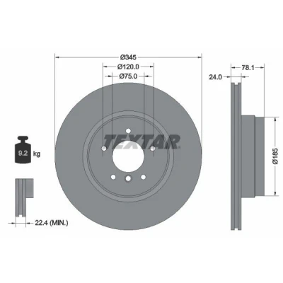 Abbildung von TEXTAR PRO+ 92161205 Bremsscheibe 345 24 05/06 120 innenbelüftet beschichtet hochgekohlt ohne Radbefestigungsbolzen, Radnabe BMW: X5, X6
