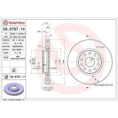 Abbildung von BREMBO COATED DISC LINE 09.6767.11 Bremsscheibe 281 26 5 innenbelüftet beschichtet ALFA ROMEO: 166