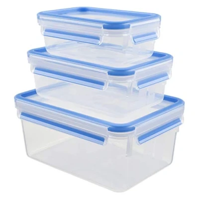 Abbildung von Emsa 512753 Clip &amp; Close Frischhaltedosen 3 teiliges Set 0,55+ 1,00+ 2,20 L 40 bis +100 Grad Kunststoff 100 % Dicht Besondere Frische Dichtung, Transparent / Blau