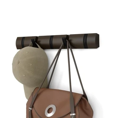 Abbildung von Umbra Flip 5 Garderobenhaken Moderne, Schlichte und Platzsparende Garderobenleiste mit Beweglichen Haken für Jacken, Mäntel, Schals, Handtaschen Mehr, Schwarz / Braun