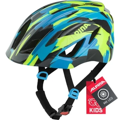 Abbildung von ALPINA PICO FASH Beleuchteter, Leichter &amp; Bruchfester Fahrradhelm Mit Fliegennetz Für Kinder, neon blue green gloss, 50 55 cm