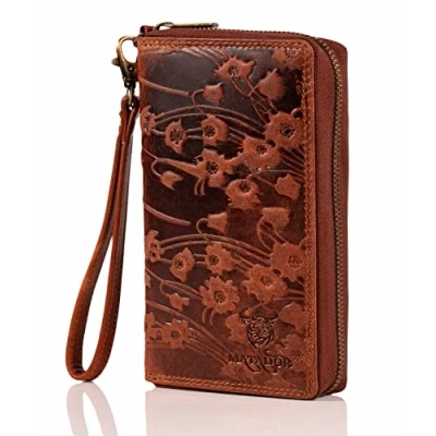 Abbildung von MATADOR [Cadiz XL Karten Portemonnaie Geldbeutel Damen Leder Groß mit edler Geschenk Box Portmonee Geldbörse Gross RFID Blocker Geldtasche Brieftasche Damenportemonnaie Blumen Braun